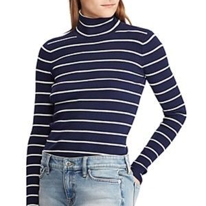 NWOT Polo Ralph Lauren Women Navy White Striped Stretch Ribbed Turtleneck Size M